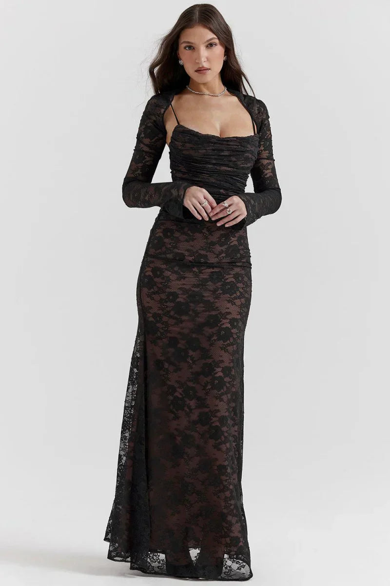 Shoulder-On Floral Lace Maxi Dress