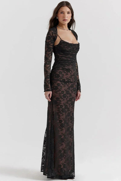 Shoulder-On Floral Lace Maxi Dress