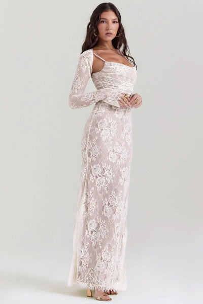 Shoulder-On Floral Lace Maxi Dress